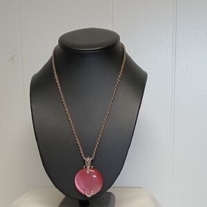 Vintage Round Pink Pendant Necklace On Silver Toned Chain.